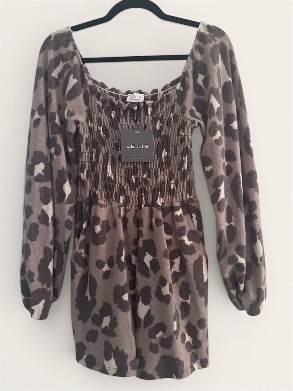 Le Lis Leopard Print Smocked Romper NWT Long Sleeve Brown Boho Chic